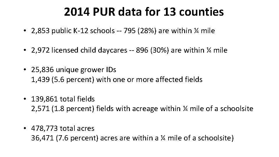 2014 PUR data for 13 counties • 2, 853 public K-12 schools -- 795