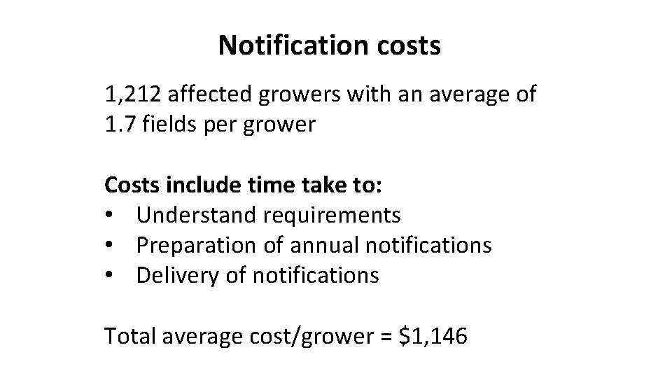 Notification costs 1, 212 affected growers with an average of 1. 7 fields per