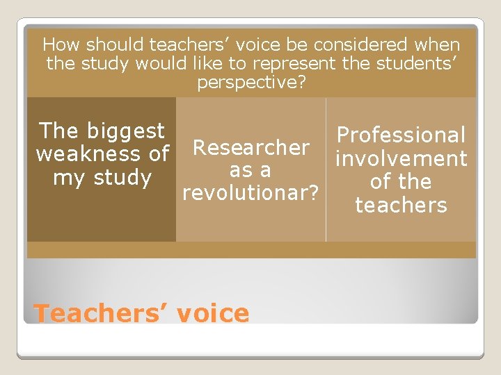 How should teachers’ voice be considered when the study would like to represent the