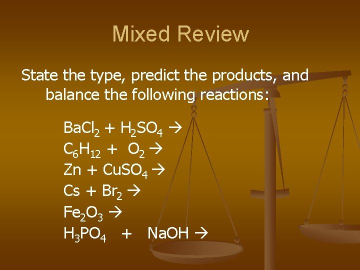 Mixed Review State the type, predict the products, and balance the following reactions: Ba.