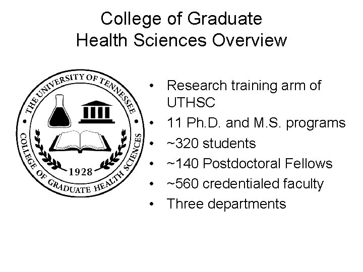 College of Graduate Health Sciences Overview • Research training arm of UTHSC • 11