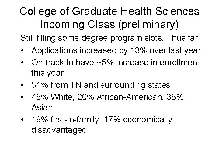 College of Graduate Health Sciences Incoming Class (preliminary) Still filling some degree program slots.