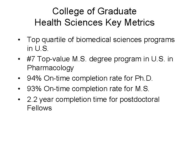 College of Graduate Health Sciences Key Metrics • Top quartile of biomedical sciences programs