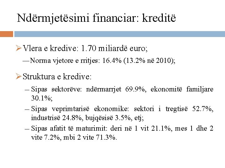 Ndërmjetësimi financiar: kreditë ØVlera e kredive: 1. 70 miliardë euro; ― Norma vjetore e