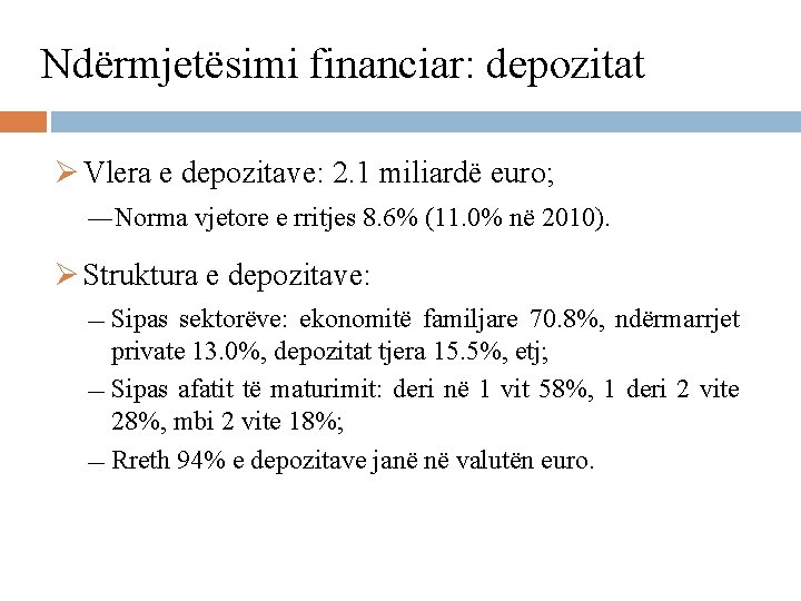 Ndërmjetësimi financiar: depozitat Ø Vlera e depozitave: 2. 1 miliardë euro; ―Norma vjetore e