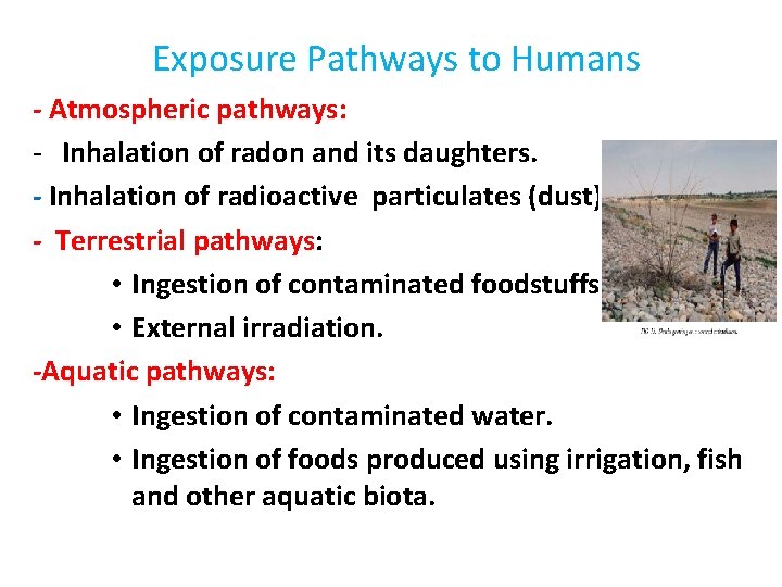 Exposure Pathways to Humans - Atmospheric pathways: - Inhalation of radon and its daughters.