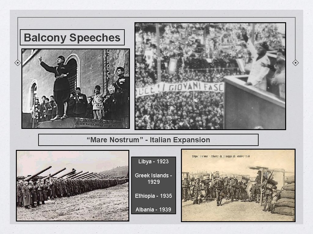 Balcony Speeches “Mare Nostrum” - Italian Expansion Libya - 1923 Greek Islands 1929 Ethiopia