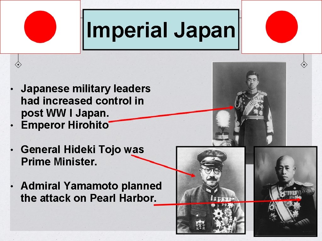 Imperial Japan • Japanese military leaders had increased control in post WW I Japan.