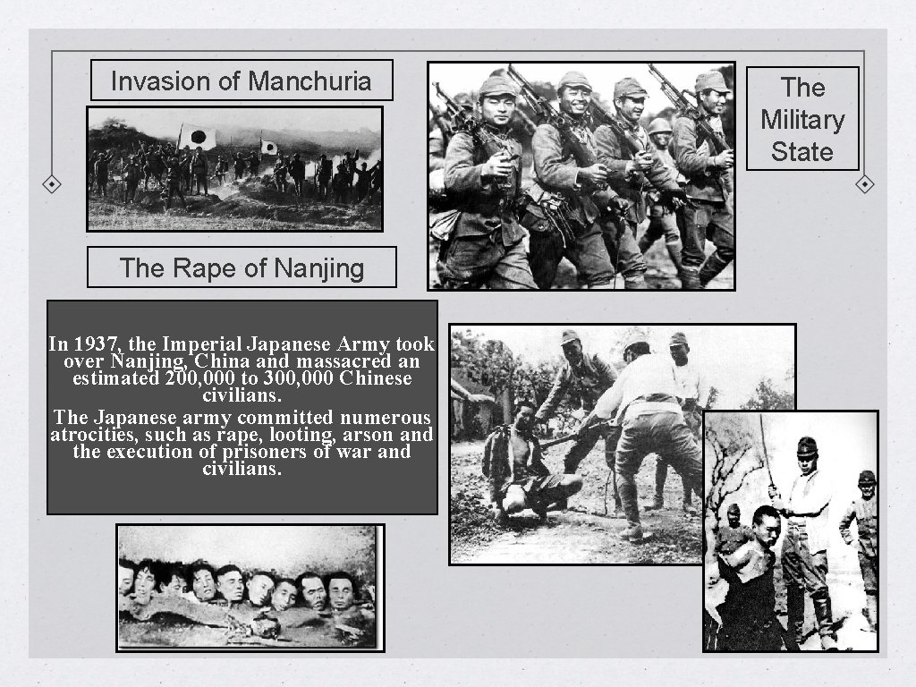 Invasion of Manchuria The Rape of Nanjing In 1937, the Imperial Japanese Army took