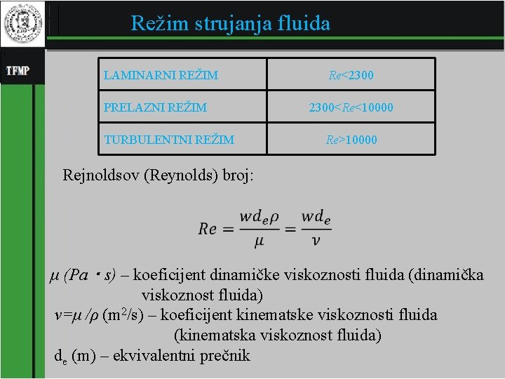 Režim strujanja fluida LAMINARNI REŽIM PRELAZNI REŽIM TURBULENTNI REŽIM Re<2300<Re<10000 Re>10000 Rejnoldsov (Reynolds) broj: