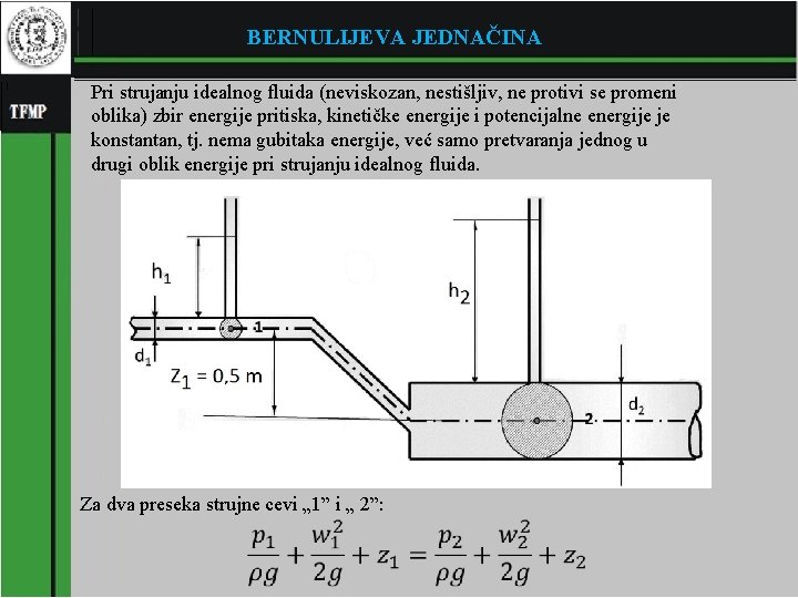 BERNULIJEVA JEDNAČINA Pri strujanju idealnog fluida (neviskozan, nestišljiv, ne protivi se promeni oblika) zbir