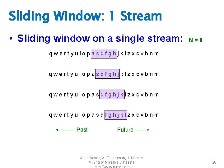 Sliding Window: 1 Stream • Sliding window on a single stream: N=6 qwertyuiopasdfghjklzxcvbnm Past
