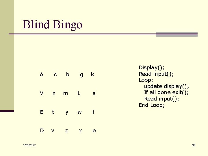 Blind Bingo 1/25/2022 A c b g k V n m L s E
