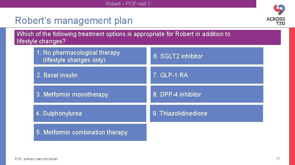 Robert – PCP visit 1 Robert’s management plan Which of the following treatment options