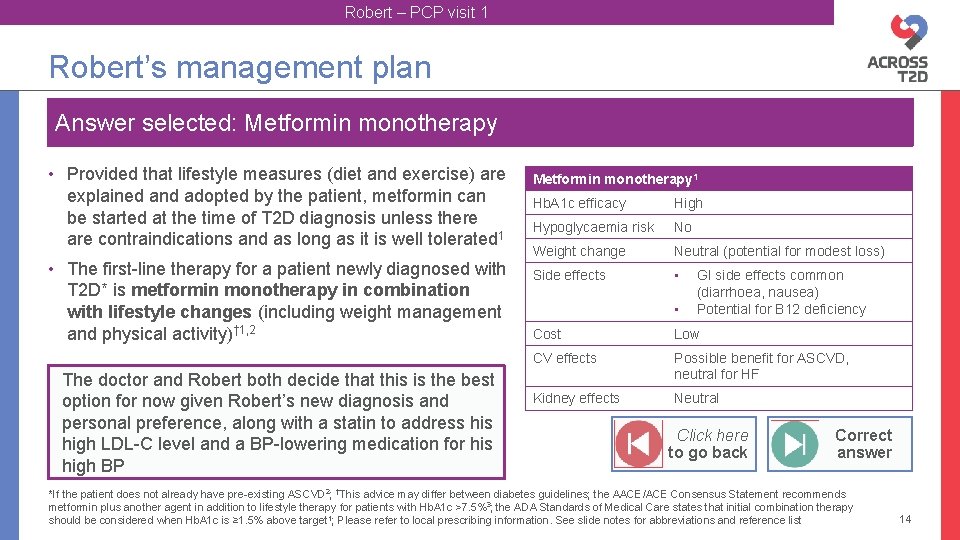 Robert – PCP visit 1 Robert’s management plan Answer selected: Metformin monotherapy • Provided