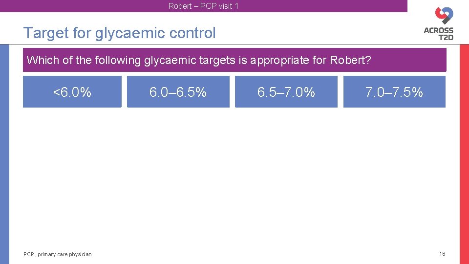 Robert – PCP visit 1 Target for glycaemic control Which of the following glycaemic