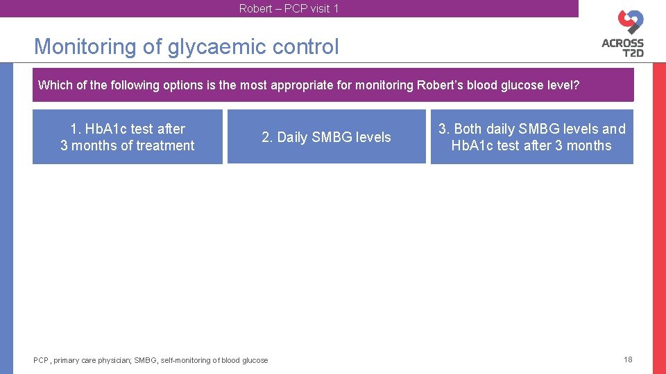 Robert – PCP visit 1 Monitoring of glycaemic control Which of the following options