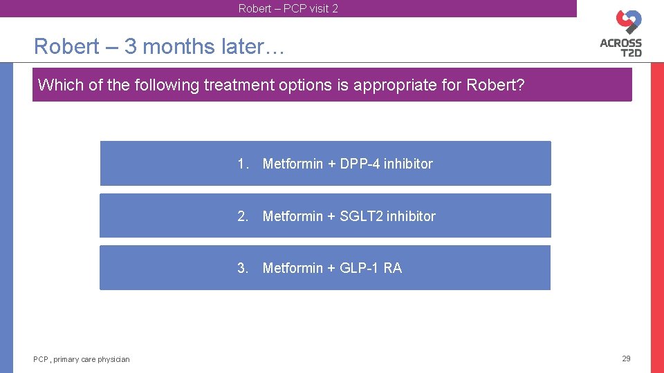 Robert – PCP visit 2 Robert – 3 months later… Which of the following