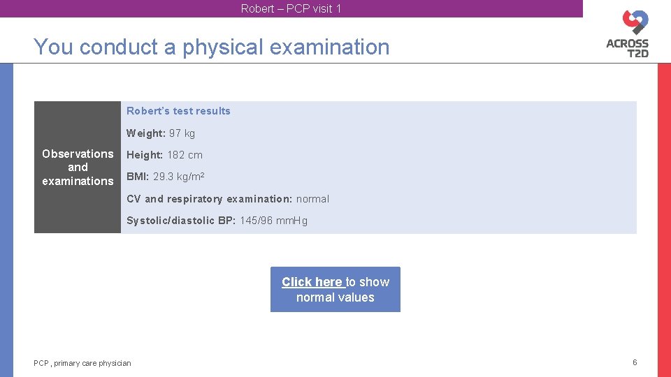 Robert – PCP visit 1 You conduct a physical examination Robert’s test results Weight: