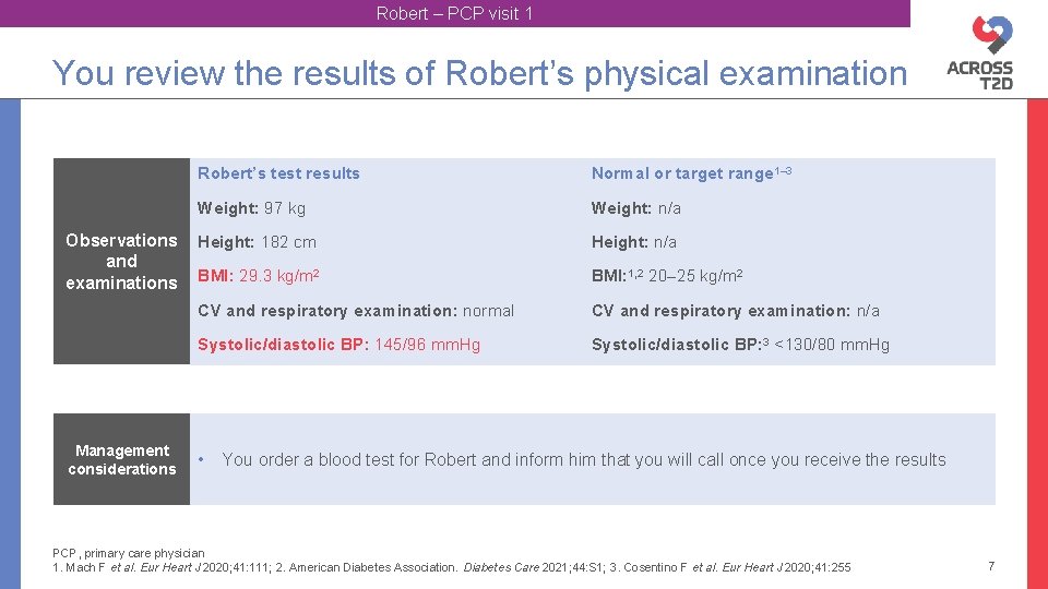 Robert – PCP visit 1 You review the results of Robert’s physical examination Observations