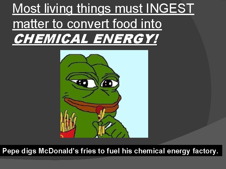 Most living things must INGEST matter to convert food into CHEMICAL ENERGY! Pepe digs