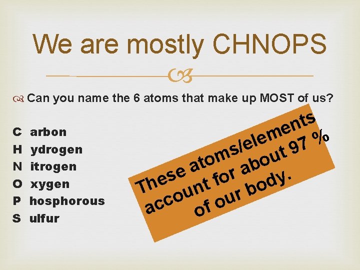 We are mostly CHNOPS Can you name the 6 atoms that make up MOST