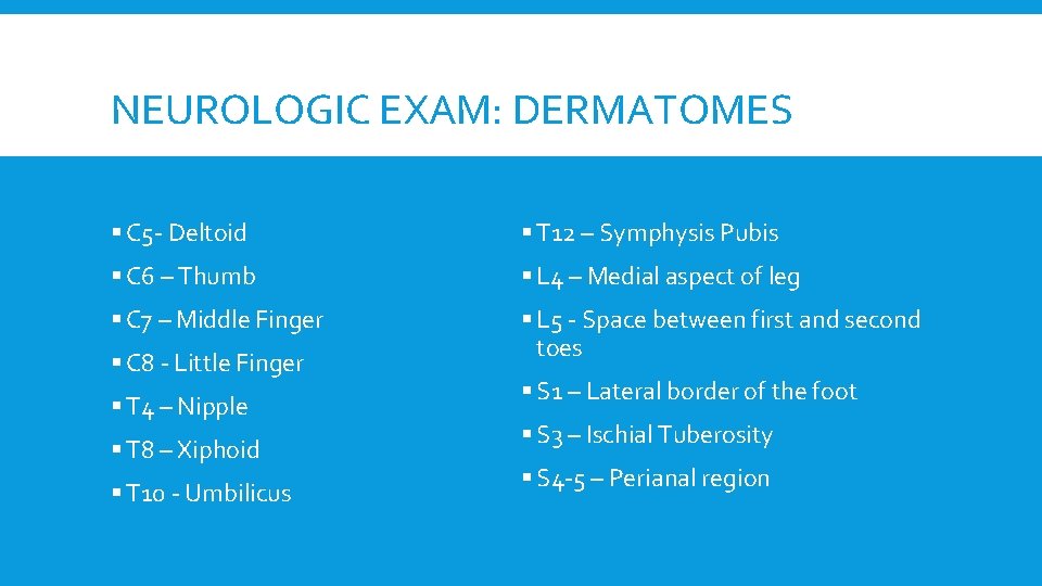 NEUROLOGIC EXAM: DERMATOMES § C 5 - Deltoid § T 12 – Symphysis Pubis