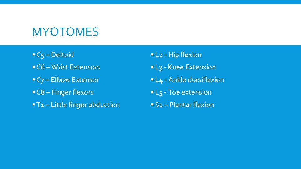 MYOTOMES § C 5 – Deltoid § L 2 - Hip flexion § C
