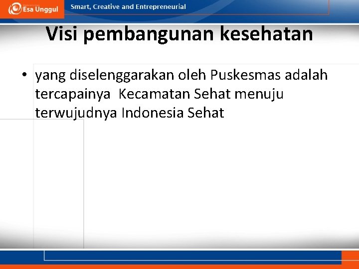 Visi pembangunan kesehatan • yang diselenggarakan oleh Puskesmas adalah tercapainya Kecamatan Sehat menuju terwujudnya