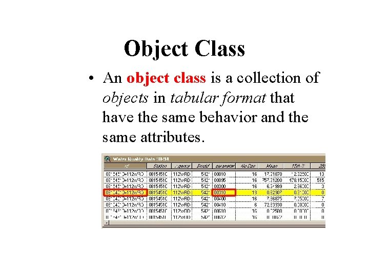 Object Class • An object class is a collection of objects in tabular format