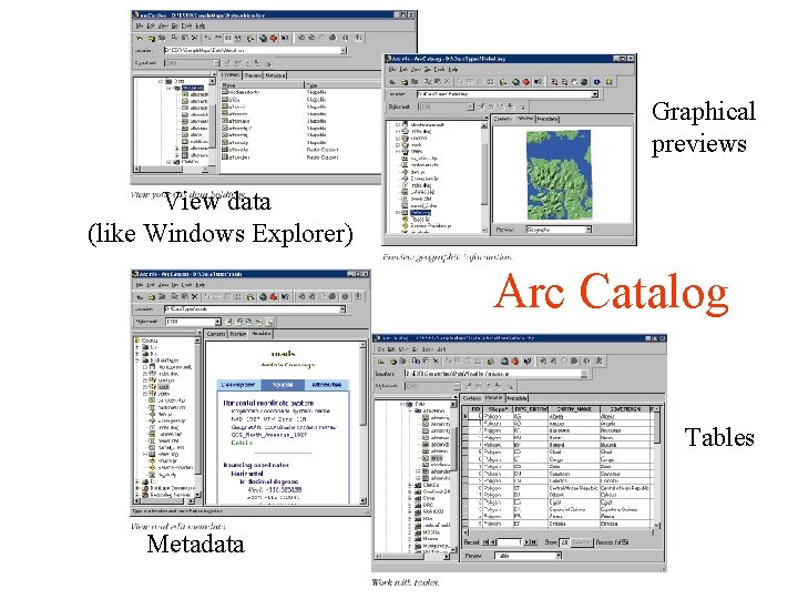 Graphical previews View data (like Windows Explorer) Arc Catalog Tables Metadata 