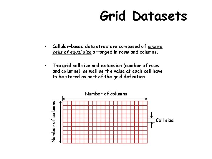 Grid Datasets • Cellular-based data structure composed of square cells of equal size arranged