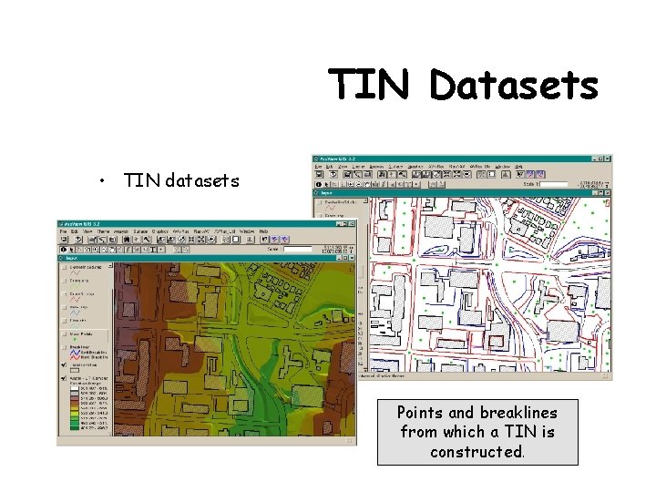 TIN Datasets • TIN datasets Points and breaklines from which a TIN is constructed.