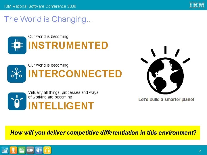 IBM Rational Software Conference 2009 The World is Changing… Our world is becoming INSTRUMENTED