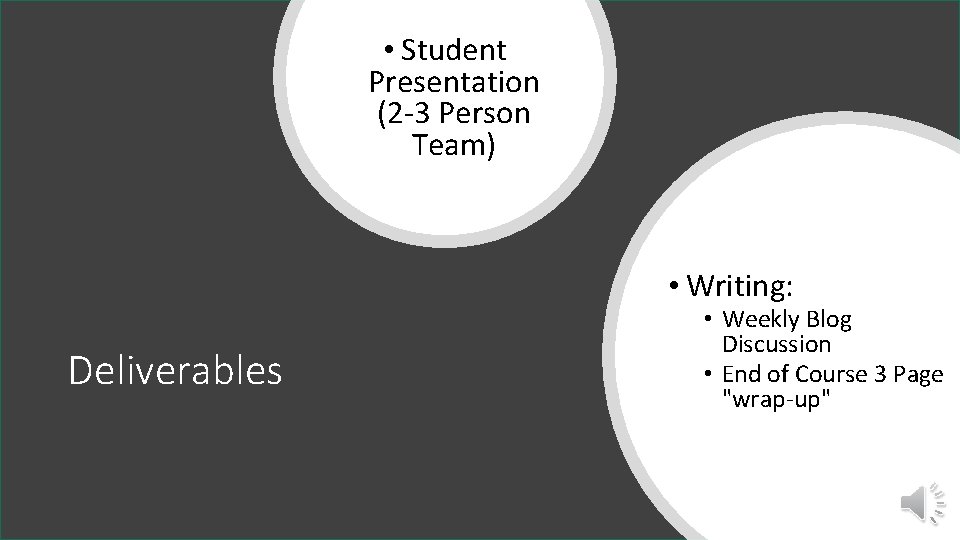  • Student Presentation (2 -3 Person Team) • Writing: Deliverables • Weekly Blog
