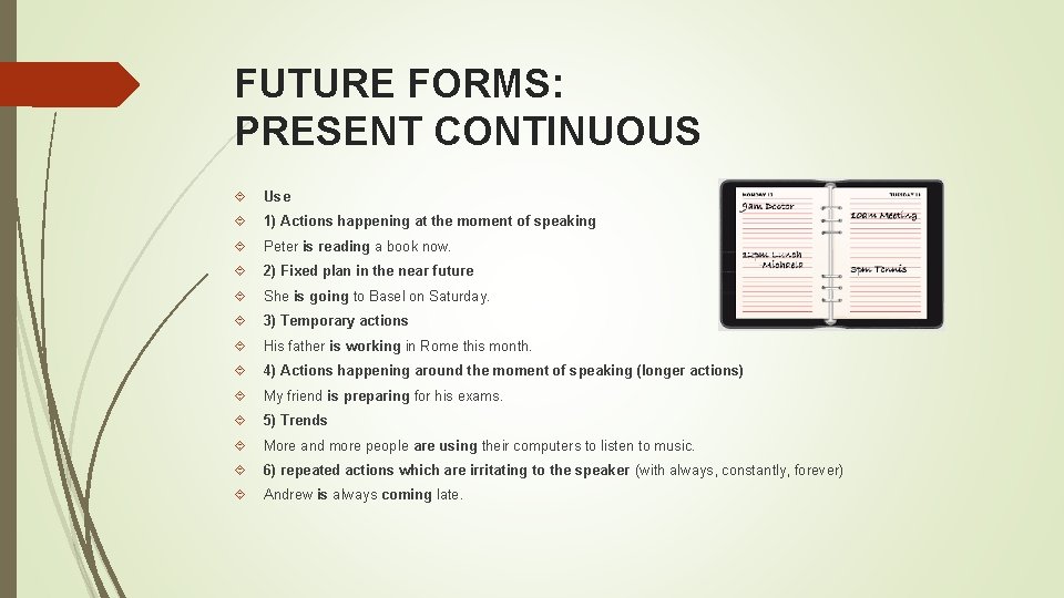 FUTURE FORMS: PRESENT CONTINUOUS Use 1) Actions happening at the moment of speaking Peter