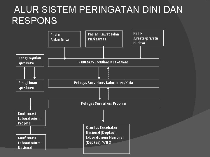 ALUR SISTEM PERINGATAN DINI DAN RESPONS Pustu Bidan Desa Pengumpulan spesimen Pengiriman spesimen Pasien