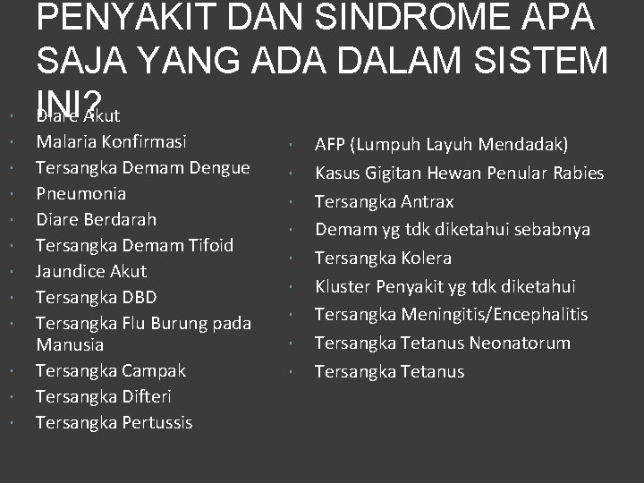  PENYAKIT DAN SINDROME APA SAJA YANG ADA DALAM SISTEM INI? Diare Akut Malaria