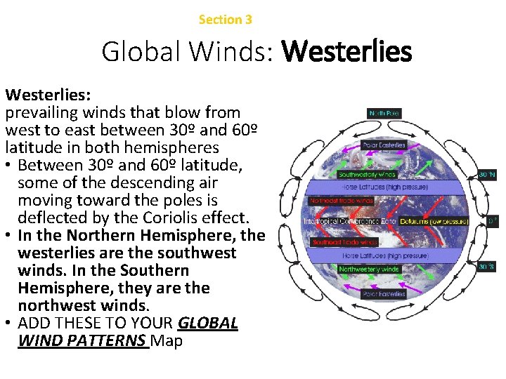 Chapter 22 Section 3 Atmospheric Circulation Global Winds: Westerlies: prevailing winds that blow from