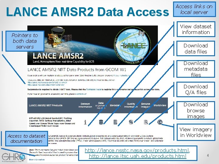 LANCE AMSR 2 Data Access Pointers to both data servers Access links on local