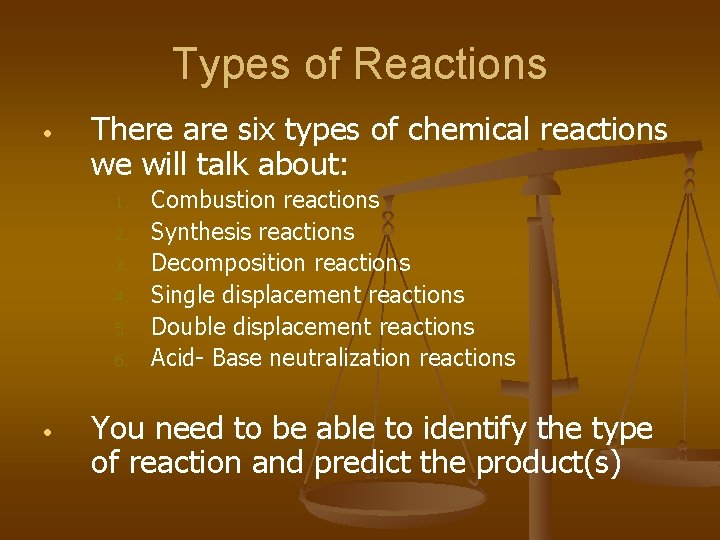 Types of Reactions • There are six types of chemical reactions we will talk