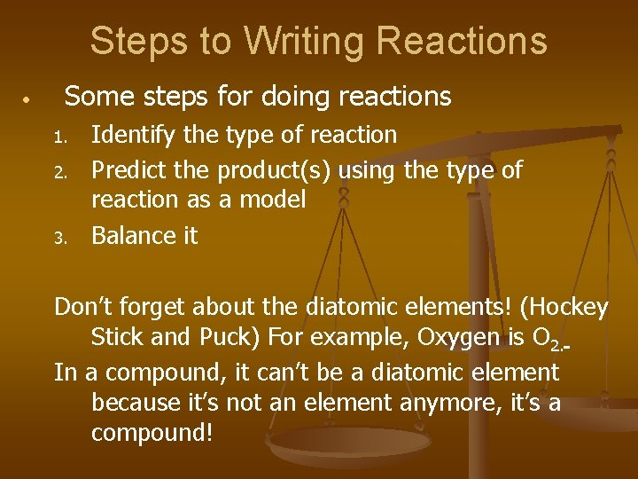 Steps to Writing Reactions • Some steps for doing reactions 1. 2. 3. Identify