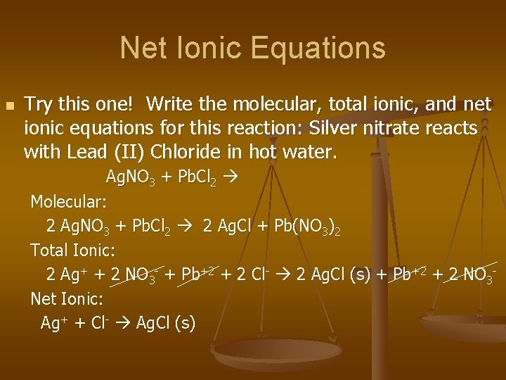 Net Ionic Equations n Try this one! Write the molecular, total ionic, and net