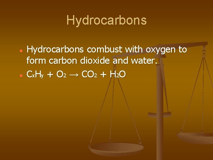 Hydrocarbons combust with oxygen to form carbon dioxide and water. Cx. Hy + O