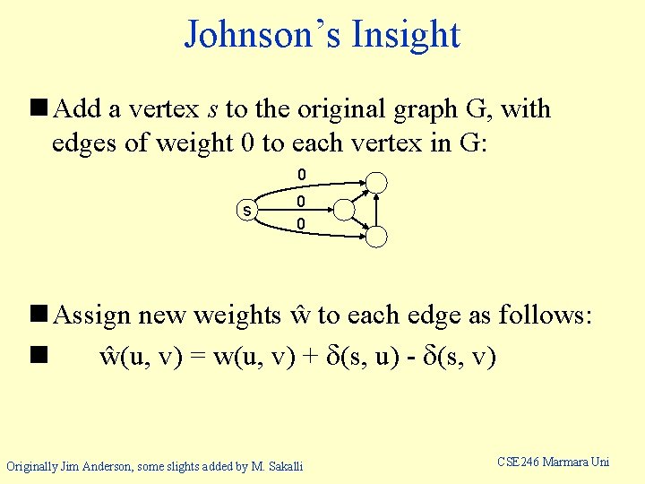 Johnson’s Insight n Add a vertex s to the original graph G, with edges