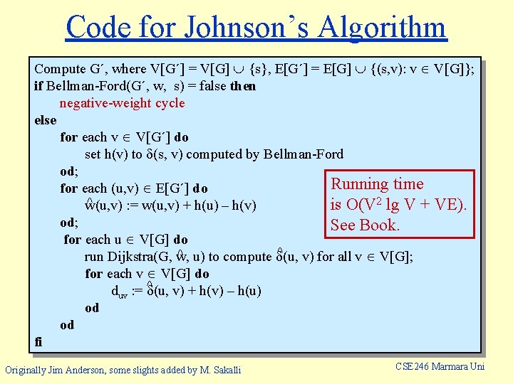 Code for Johnson’s Algorithm Compute G´, where V[G´] = V[G] {s}, E[G´] = E[G]