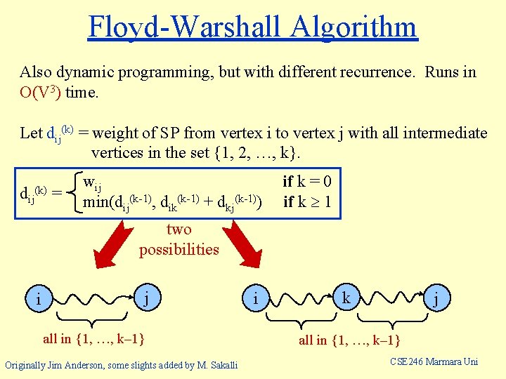 Floyd-Warshall Algorithm Also dynamic programming, but with different recurrence. Runs in O(V 3) time.