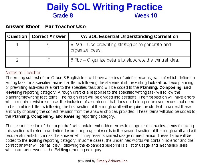 Daily SOL Writing Practice Grade 8 Week 10 Answer Sheet – For Teacher Use Daily SOL Writing Practice Grade 8 Week 10 Answer Sheet – For Teacher Use