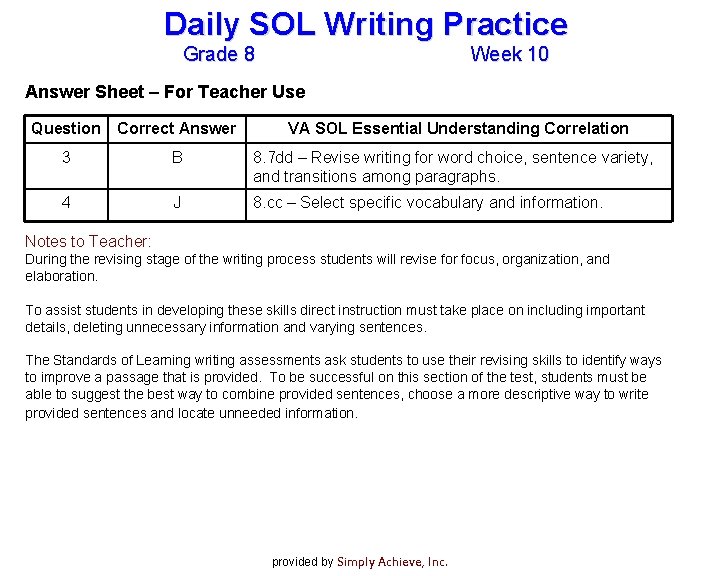 Daily SOL Writing Practice Grade 8 Week 10 Answer Sheet – For Teacher Use Daily SOL Writing Practice Grade 8 Week 10 Answer Sheet – For Teacher Use