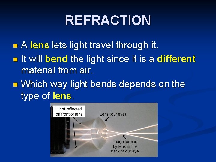 REFRACTION A lens lets light travel through it. n It will bend the light